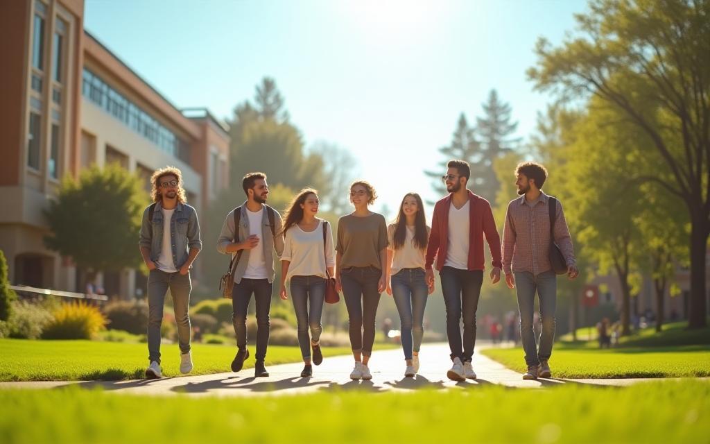 Grupo de estudantes sorrindo caminhando pelo campus do Instituto Paulista de Comunicação em um dia ensolarado