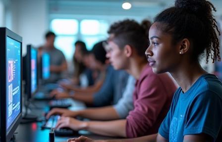 Estudantes colaborando em um laboratório de mídia digital